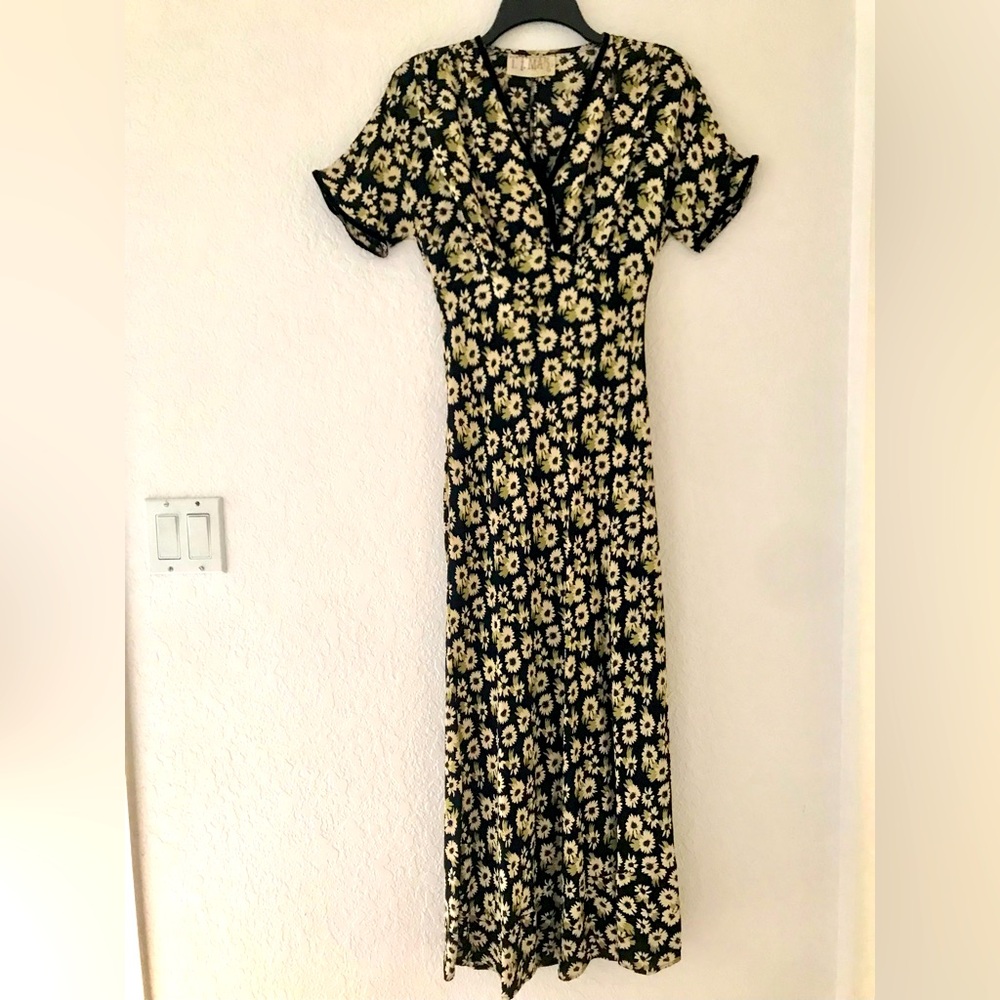 Vintage 90’s T.T. Mar Floral Maxi Dress V-Neck Floral Garden Fairy Velvet Trim